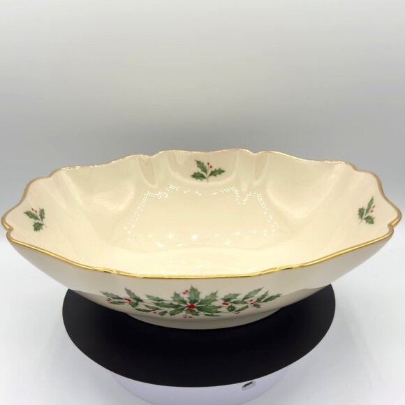 Vintage Lenox Dimension Holiday Holly Berry Scalloped 10" Long Oval Serving Bowl - Picture 3 of 8